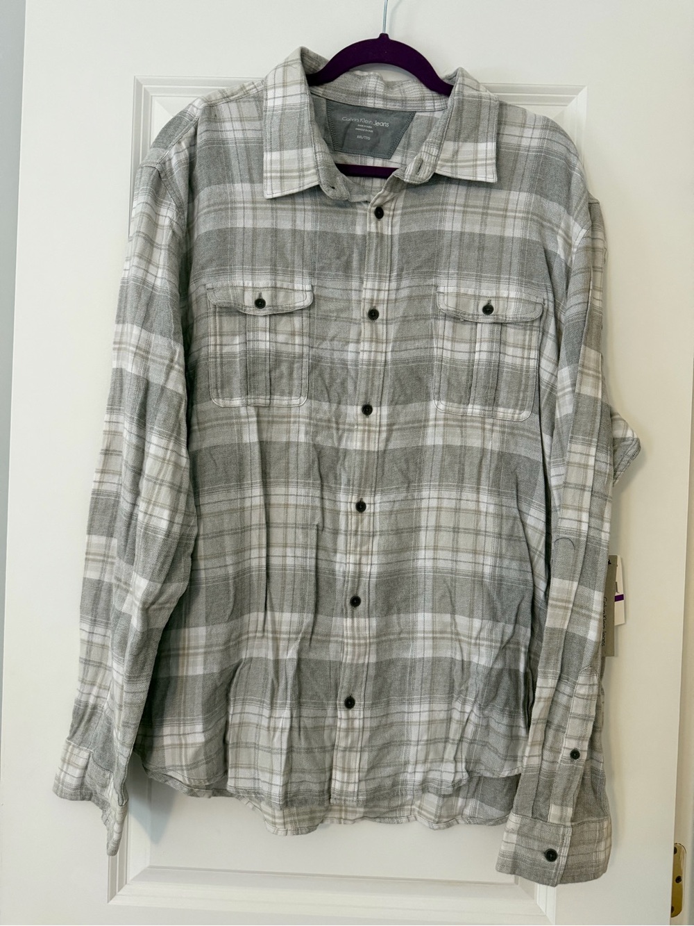 Calvin Klein Jeans Men’s XXL Gray Plaid 100% Cotton Button Up Shirt NWT